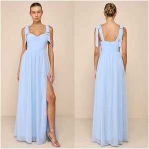LULU'S Radiant Charisma Light Blue Chiffon Ruched Tie-Strap Maxi
Dress